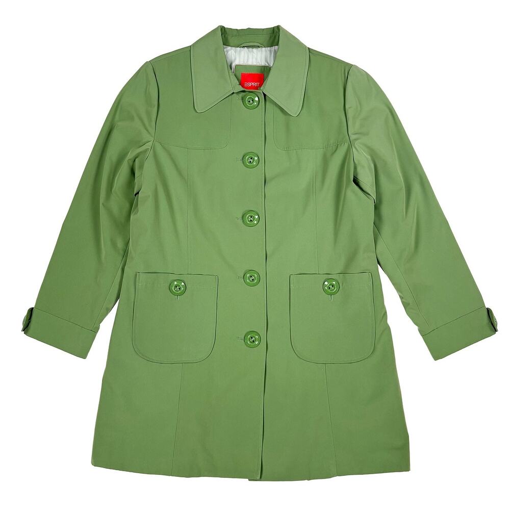 Esprit Trench Coat Women XL Green Fall Jacket Mod Twee Retro Y2K Style